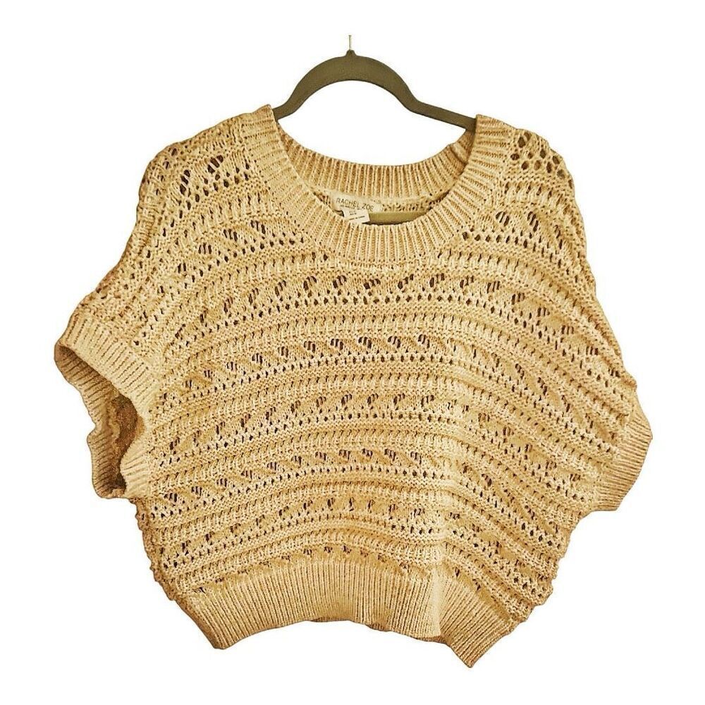 Rachel Zoe Tan Metallic Crochet Cropped Sweater Bohemian Cottagecore Size XL
